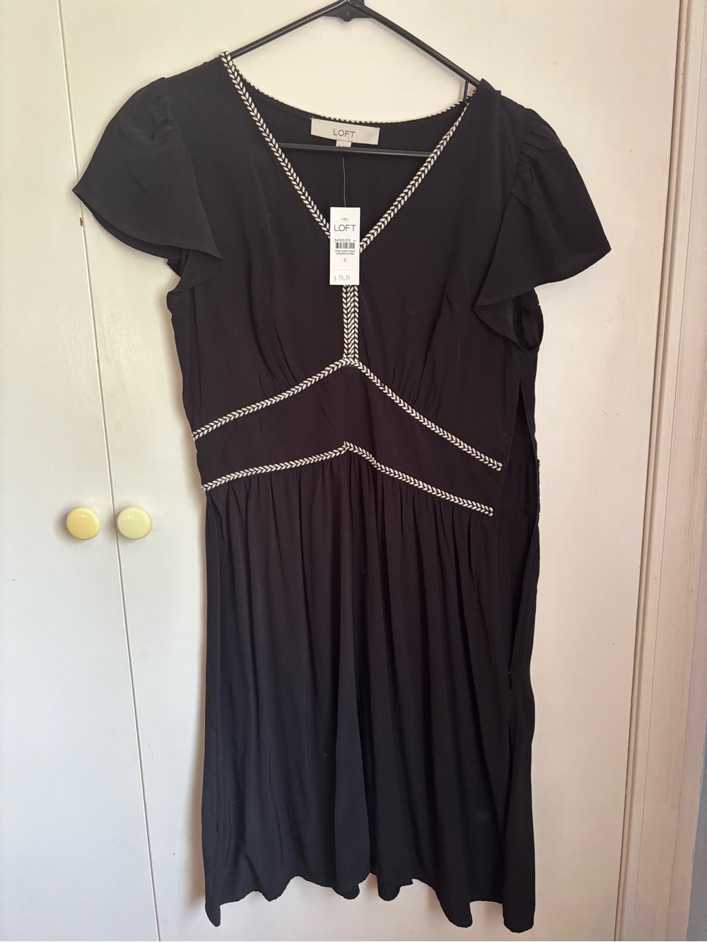 LOFT Black Midi Dress with White Braided Trim